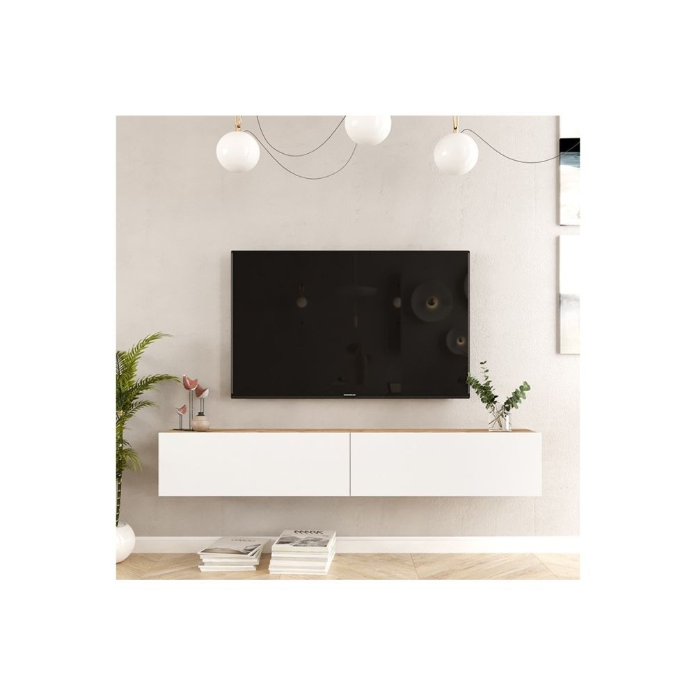 Mueble de TV de Pared moderno Blanco y Roble con 2 Cajones