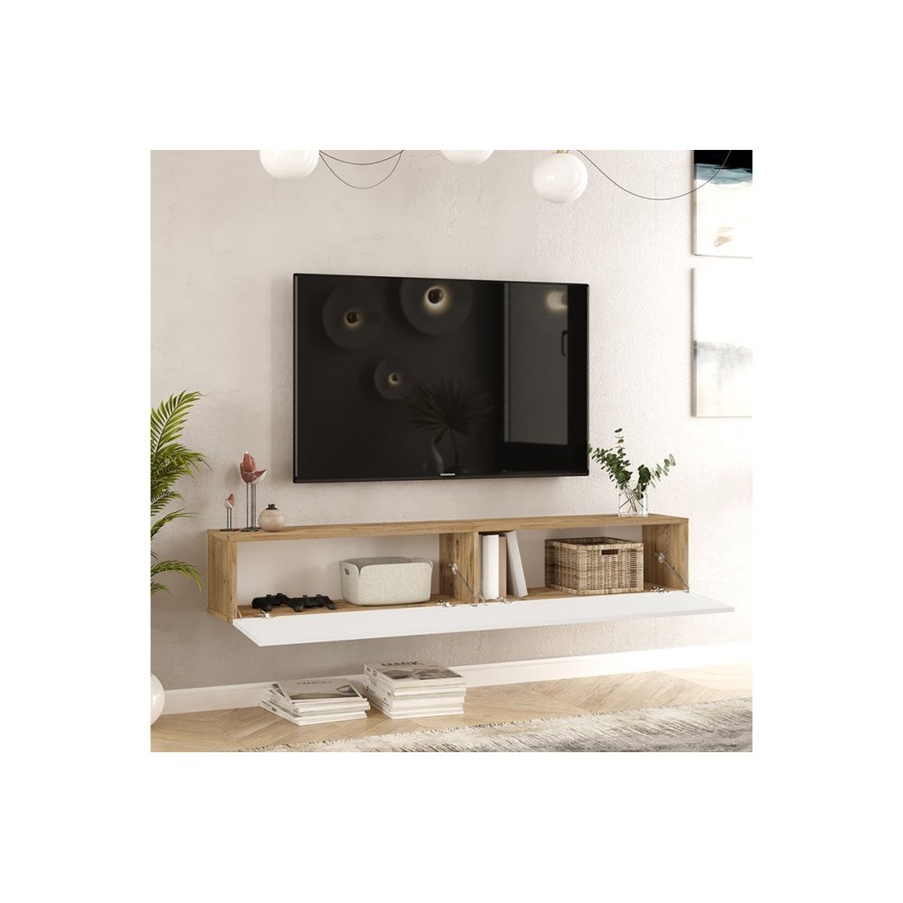 Mueble de TV de Pared moderno Blanco y Roble con 2 Cajones