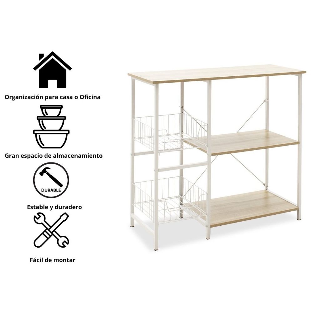 Estanteria de Cocina con 2 Cestas de Malla Metálica Blanca