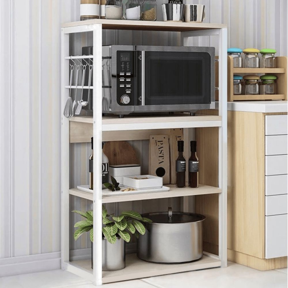 Estantería de Cocina Alta con Marco de Metal Blanco, Estante para microondas, 50x30x100 cm