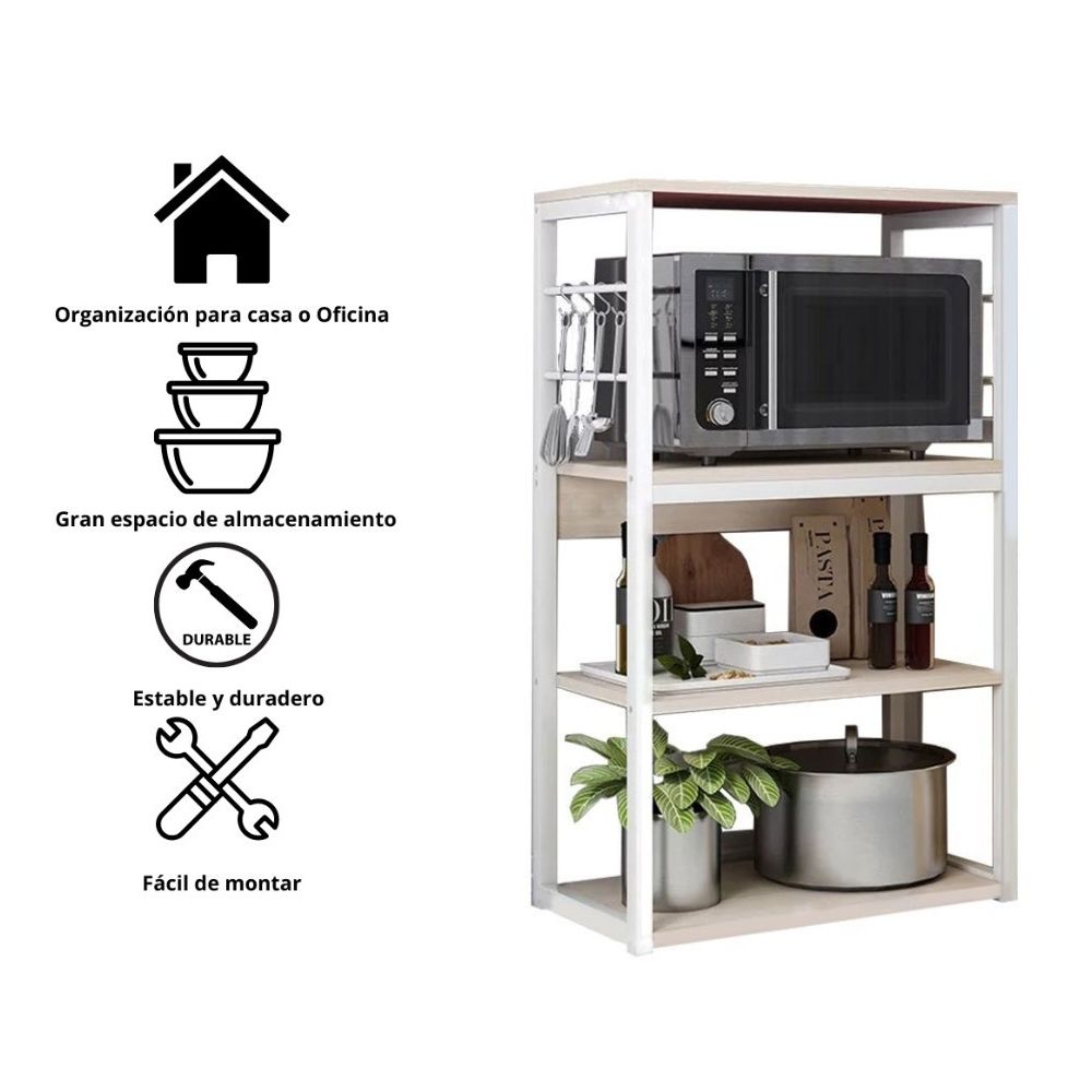 Estantería de Cocina Alta con Marco de Metal Blanco, Estante para microondas, 50x30x100 cm
