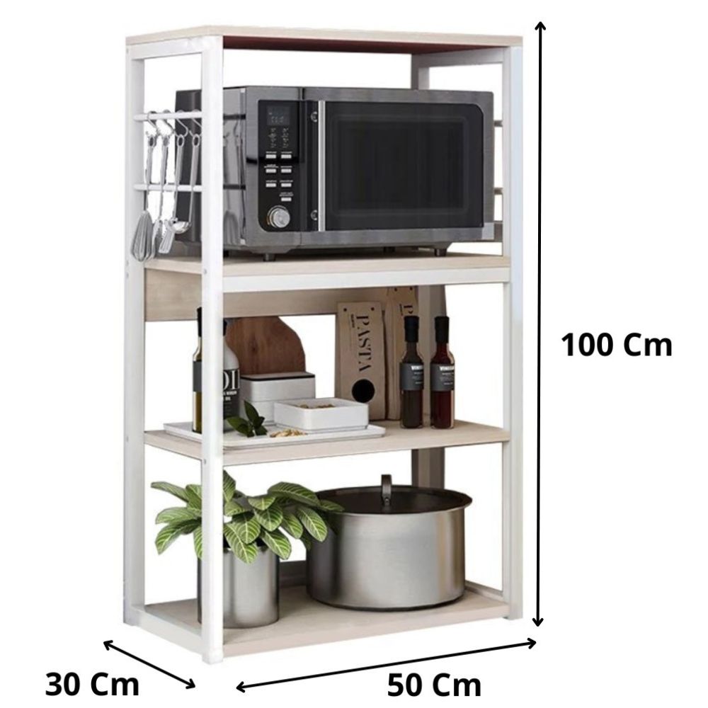 Estantería de Cocina Alta con Marco de Metal Blanco, Estante para microondas, 50x30x100 cm
