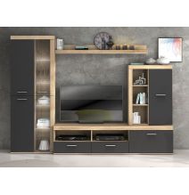 Mueble de Salón Moderno con Leds, Acabado en Cambria - Grafito, Medidas: 260 cm (Ancho) x 191 cm (Alto) 47,5 cm (Fondo)