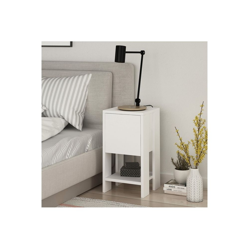 Mesilla de Noche Color Blanco 1 Cajón, Puerta Abatible 30x30x55cm - Estilo Moderno