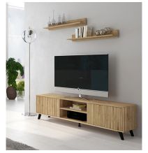 Conjunto de Salón Mueble Completo: Bajo TV, Mueble Bar, Estantería y Mueble Colgar - Estilo Mauvella Rayas.